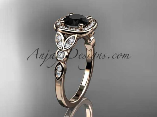 14kt rose gold diamond leaf and vine wedding ring, engagement ring with a Black Diamond center stone ADLR179