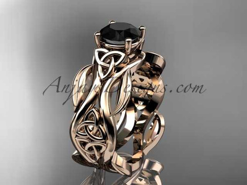14kt rose gold celtic trinity knot wedding ring, engagement ring with a Black Diamond center stone CT7264