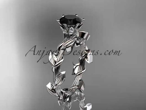 Unique 14kt white gold diamond floral wedding ring,engagement ring with a Black Diamond center stone ADLR248