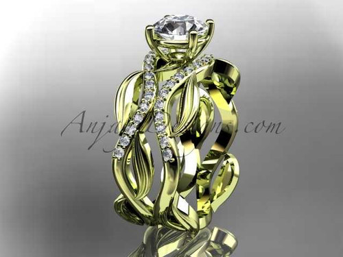 14kt yellow gold diamond leaf and vine wedding set, engagement set with a "Forever One" Moissanite center stone ADLR264S
