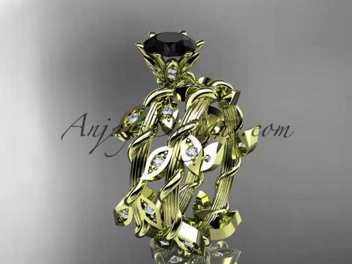 14k yellow gold diamond leaf and vine engagement ring, engagement set with a Black Diamond center stone ADLR20S
