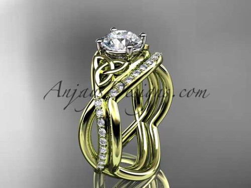 14kt yellow gold celtic trinity knot engagement set, wedding ring with a "Forever One" Moissanite center stone CT790S