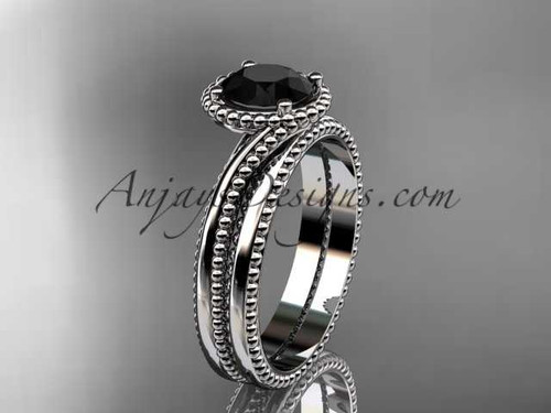 platinum wedding ring, engagement set with a Black Diamond center stone ADLR389S