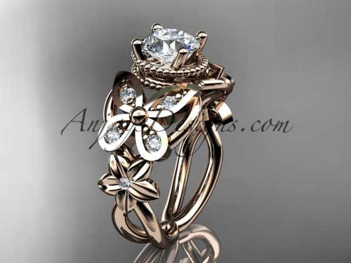 14kt rose gold diamond floral, butterfly wedding ring, engagement ring with a "Forever One" Moissanite center stone ADLR136