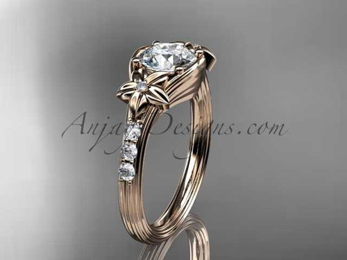 Unique 14k rose gold diamond leaf and vine, floral diamond engagement ring with a "Forever One" Moissanite center stone ADLR333