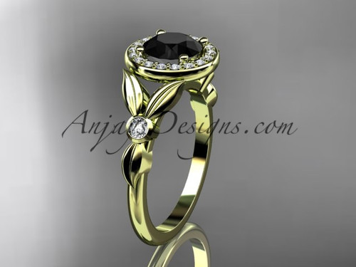 14kt yellow gold diamond floral wedding ring, engagement ring with a Black Diamond center stone ADLR129