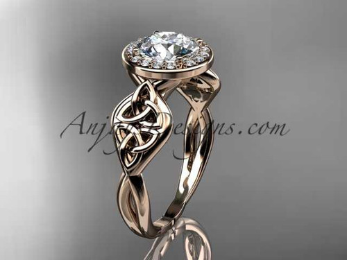 14kt rose gold diamond celtic trinity knot wedding ring, engagement ring with a "Forever One" Moissanite center stone CT7219 14kt rose gold diamond celtic trinity knot wedding ring, engagement ring with a "Forever One" Moissanite center stone CT7219