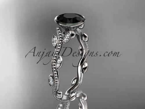 platinum diamond leaf and vine wedding ring, engagement ring with Black Diamond center stone ADLR33