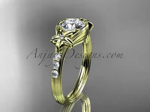 Unique 14k yellow gold diamond leaf and vine, floral diamond engagement ring with a "Forever One" Moissanite center stone ADLR333