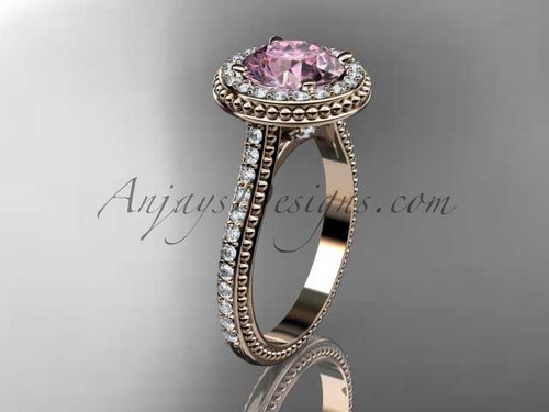 14kt rose gold diamond unique engagement ring, wedding ring with a Pink Topaz center stone ADER97