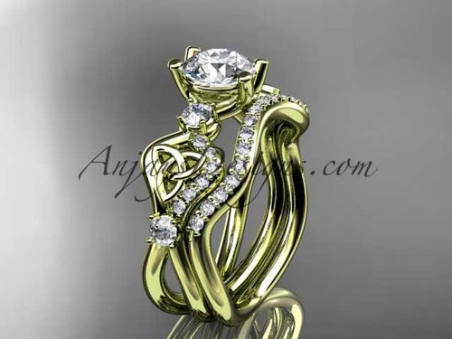 14kt yellow gold celtic trinity knot engagement set, wedding ring with a "Forever One" Moissanite center stone CT768S