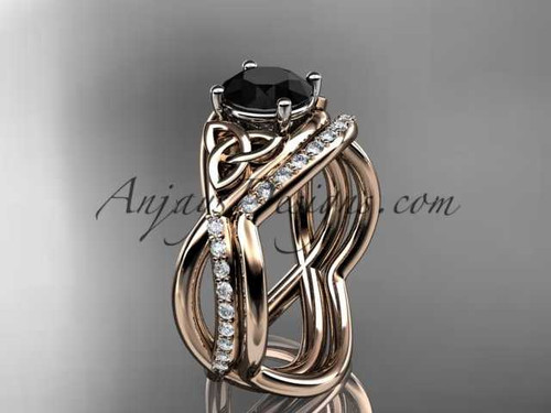 14kt rose gold celtic trinity knot engagement set, wedding ring with a Black Diamond center stone CT790S