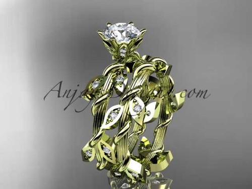 14k yellow gold diamond leaf and vine engagement ring, engagement set with a "Forever One" Moissanite center stone ADLR20S