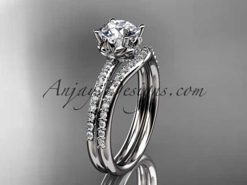 14kt white gold diamond floral wedding ring, engagement set with a "Forever One" Moissanite center stone ADLR92S