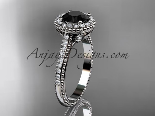 Traditional Black Diamond Solitaire Ring, White Gold Classic Engagement Ring