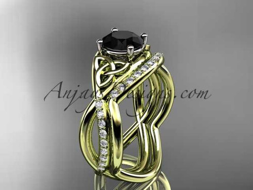 14kt yellow gold celtic trinity knot engagement set, wedding ring with a Black Diamond center stone CT790S