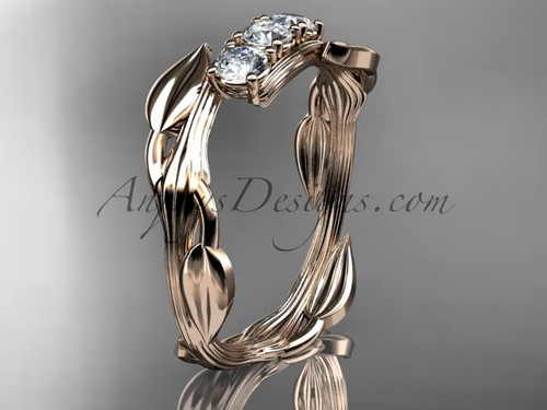 14kt rose gold diamond leaf and vine three stone ring ADLR247