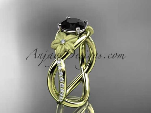 14kt yellow gold diamond leaf and vine wedding ring, engagement ring with a Black Diamond stone ADLR90