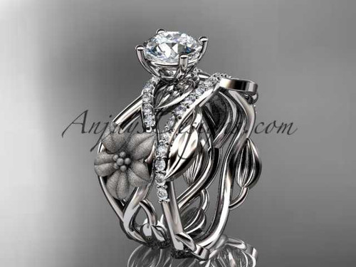 Unique 14kt white gold floral diamond wedding ring, engagement set with a "Forever One" Moissanite center stone ADLR270S