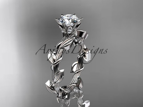 1 carat round lab grown diamond leaf and vine engagement ring in 14k white gold