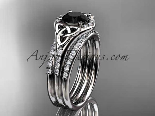 14kt white gold diamond celtic trinity knot wedding ring, engagement ring with a Black Diamond center stone and double matching band CT7126S