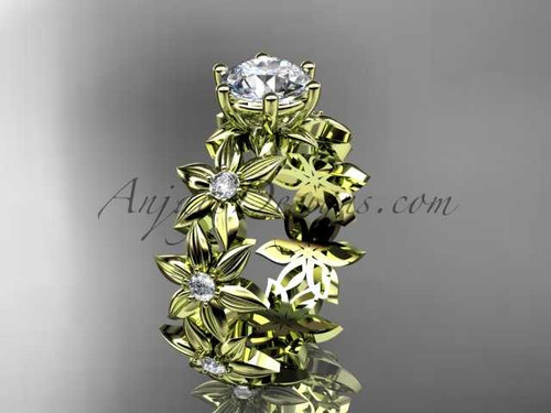 Unique 14k yellow gold diamond floral engagement ring with a "Forever One" Moissanite center stone ADLR339