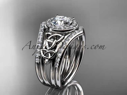 platinum diamond celtic trinity knot wedding ring, engagement ring with a "Forever One" Moissanite center stone and double matching band CT7131S