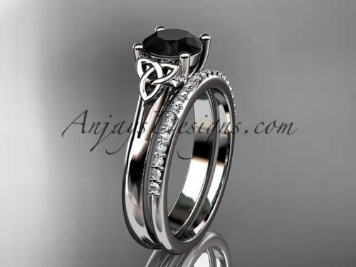 platinum diamond celtic trinity knot wedding ring, engagement set with a Black Diamond center stone CT7154S