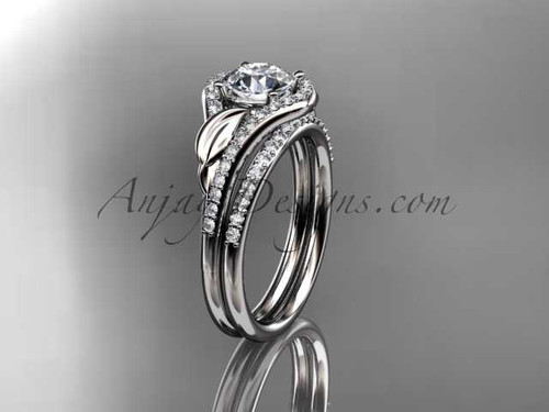 Platinum diamond leaf wedding set, engagement set with a "Forever One" Moissanite center stone ADLR334