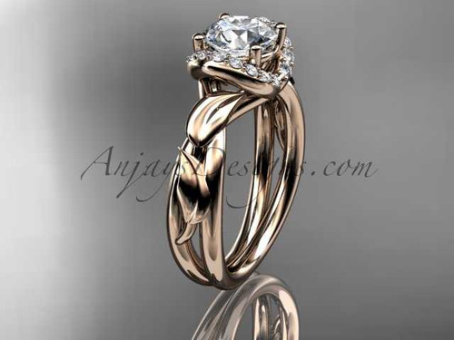 14kt rose gold diamond leaf and vine wedding ring, engagement ring with a "Forever One" Moissanite center stone ADLR289