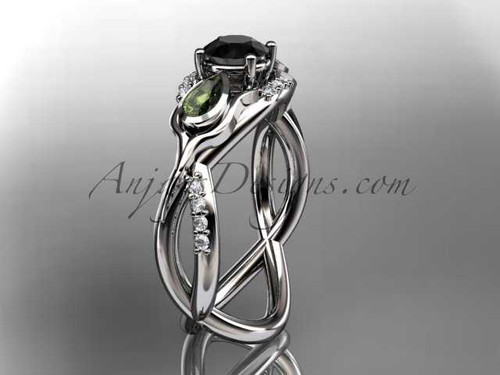 Unique 14kt white gold diamond tulip flower, leaf and vine engagement ring with a Black Diamond center stone ADLR226