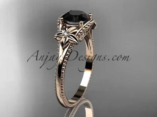14k rose gold diamond unique engagement ring with a Black Diamond center stone ADLR375