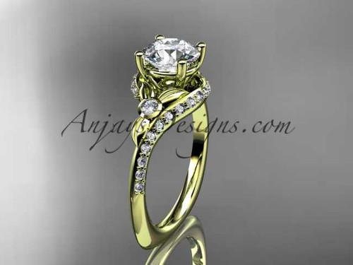 14kt yellow gold diamond leaf and vine engagement ring with a "Forever One" Moissanite center stone ADLR112