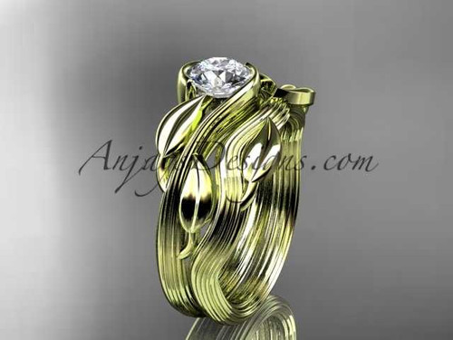 14kt yellow gold leaf and vine wedding ring, engagement set with a "Forever One" Moissanite center stone ADLR273S