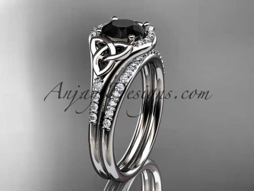 platinum diamond celtic trinity knot wedding ring, engagement set with a Black Diamond center stone CT7126S