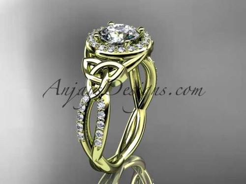 14kt yellow gold diamond celtic trinity knot wedding ring, engagement ring with a "Forever One" Moissanite center stone CT7127