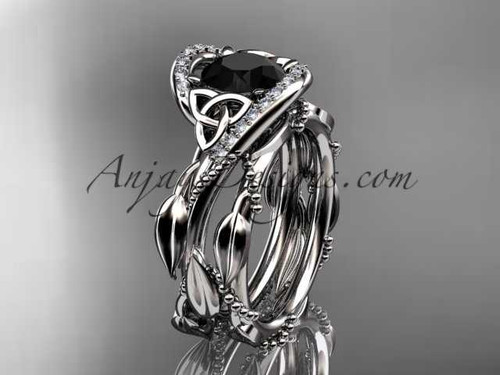 14kt white gold celtic trinity knot engagement set, wedding ring with Black Diamond center stone CT764S