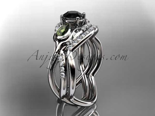 Unique Platinum diamond tulip flower, wedding set, leaf and vine engagement set with a Black Diamond center stone ADLR226