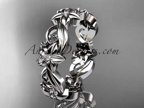 Diamond flower wedding band, 14k white gold nature inspired