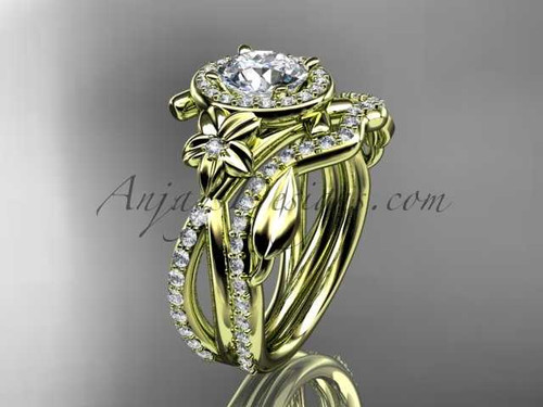 14kt yellow gold diamond leaf and vine, flower engagement set, wedding set, with a "Forever One" Moissanite center stone ADLR89S