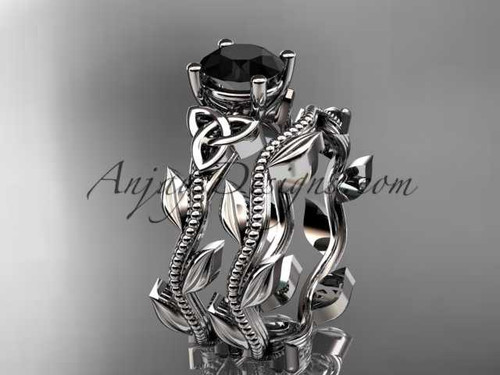 14kt white gold celtic trinity knot wedding ring, engagement set with a Black Diamond center stone CT7238S