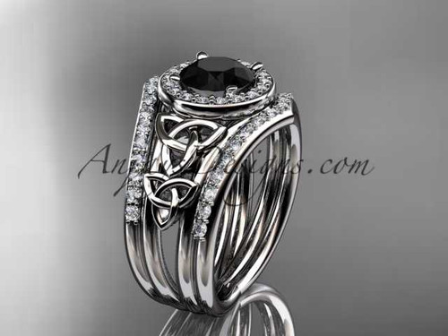 14kt white gold diamond celtic trinity knot wedding ring, engagement ring with a Black Diamond center stone and double matching band CT7131S