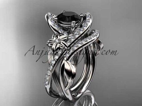 platinum leaf and flower diamond unique engagement set, wedding ring with a Black Diamond center stone ADLR369S