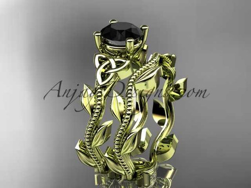 14kt yellow gold celtic trinity knot wedding ring, engagement set with a Black Diamond center stone CT7238S