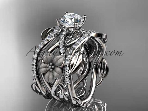 Unique platinum floral diamond wedding ring, engagement ring with a "Forever One" Moissanite center stone and double matching band ADLR270S