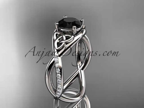 platinum celtic trinity knot engagement ring, wedding ring with a Black Diamond center stone CT790
