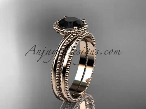 14kt rose gold wedding ring, engagement set with a Black Diamond center stone ADLR389S