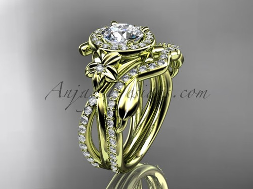 14kt yellow gold diamond leaf and vine, flower engagement set, wedding set, ADLR89S