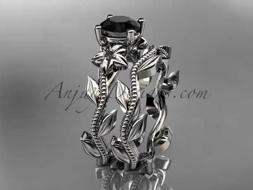 Unique Platinum floral wedding ring, engagement set with a Black Diamond center stone ADLR238S