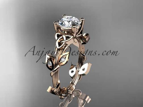 14kt rose gold diamond celtic trinity knot wedding ring, engagement ring with a "Forever One" Moissanite center stone CT7215